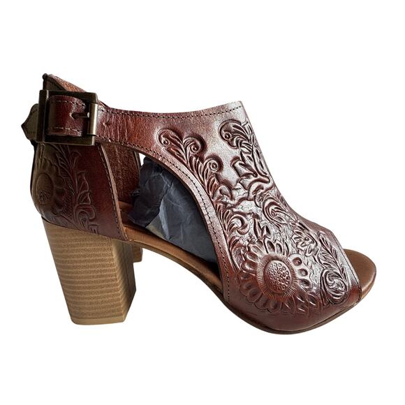 Roper Mika Mule Heels Floral Tooled Tan Leather Women's 8 Open Toe Buckle Close - Picture 1 of 12